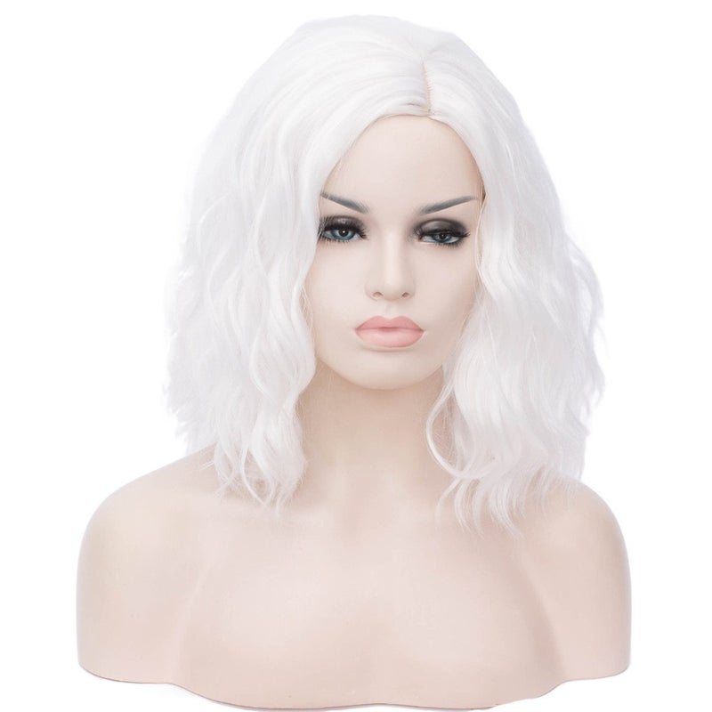 Cying Lin Short Bob Wavy Curly Wig White Wig For Women Cosplay Halloween Wigs Heat Resistant Bob Party Wig Include Wig Cap (White) - Image 1